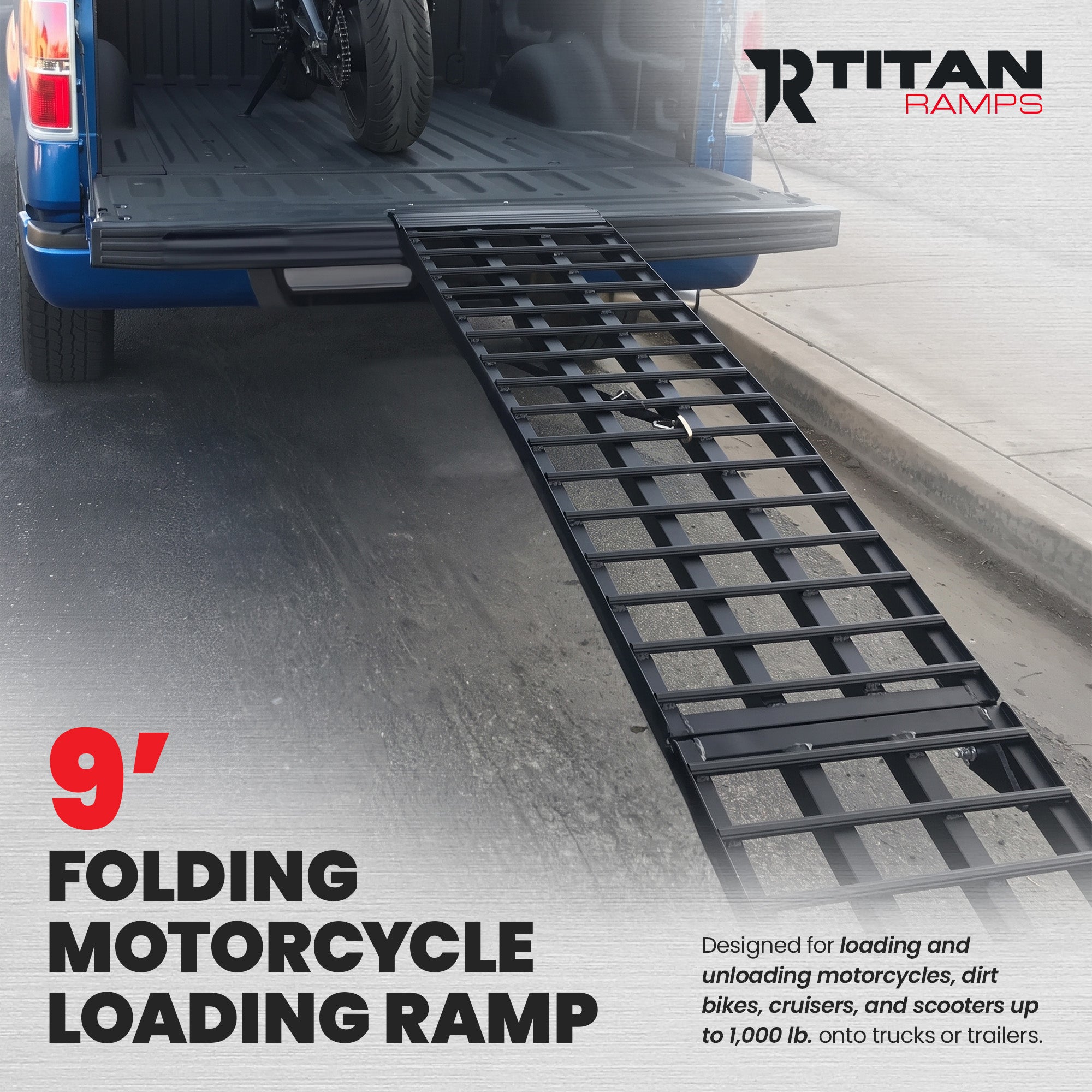 Titan Ramps 9 Foot Folding Motorcycle Loading Ramp, 4-Beam, 1,000 lb Capacity - VMInnovations
