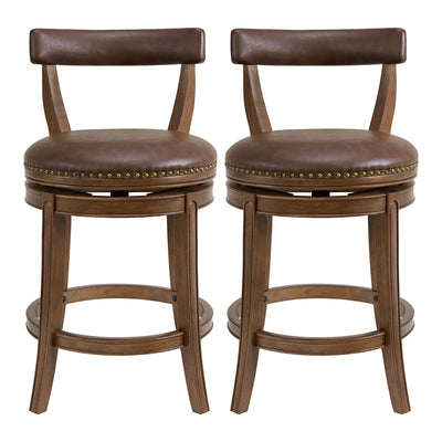 ROME + OAK Ruxban 26" Swivel Counter Stool, Walnut with Brown Leather, Set of 2