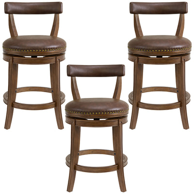 ROME + OAK Ruxban 26" Swivel Counter Stool, Walnut with Brown Leather, Set of 3