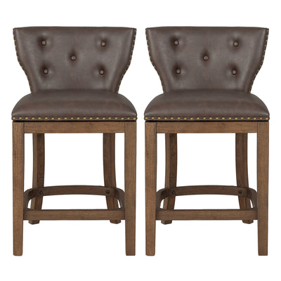 ROME + OAK Carlynd 26" Swivel Counter Stool, Walnut with Brown Leather, Set of 2