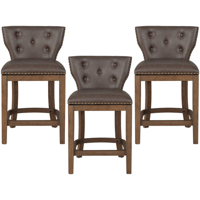 ROME + OAK Carlynd 26" Swivel Counter Stool, Walnut with Brown Leather, Set of 3