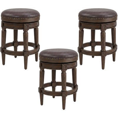 ROME + OAK Runyan 26" Swivel Counter Stool, Walnut, Brown Vegan Leather,Set of 3 - VMInnovations