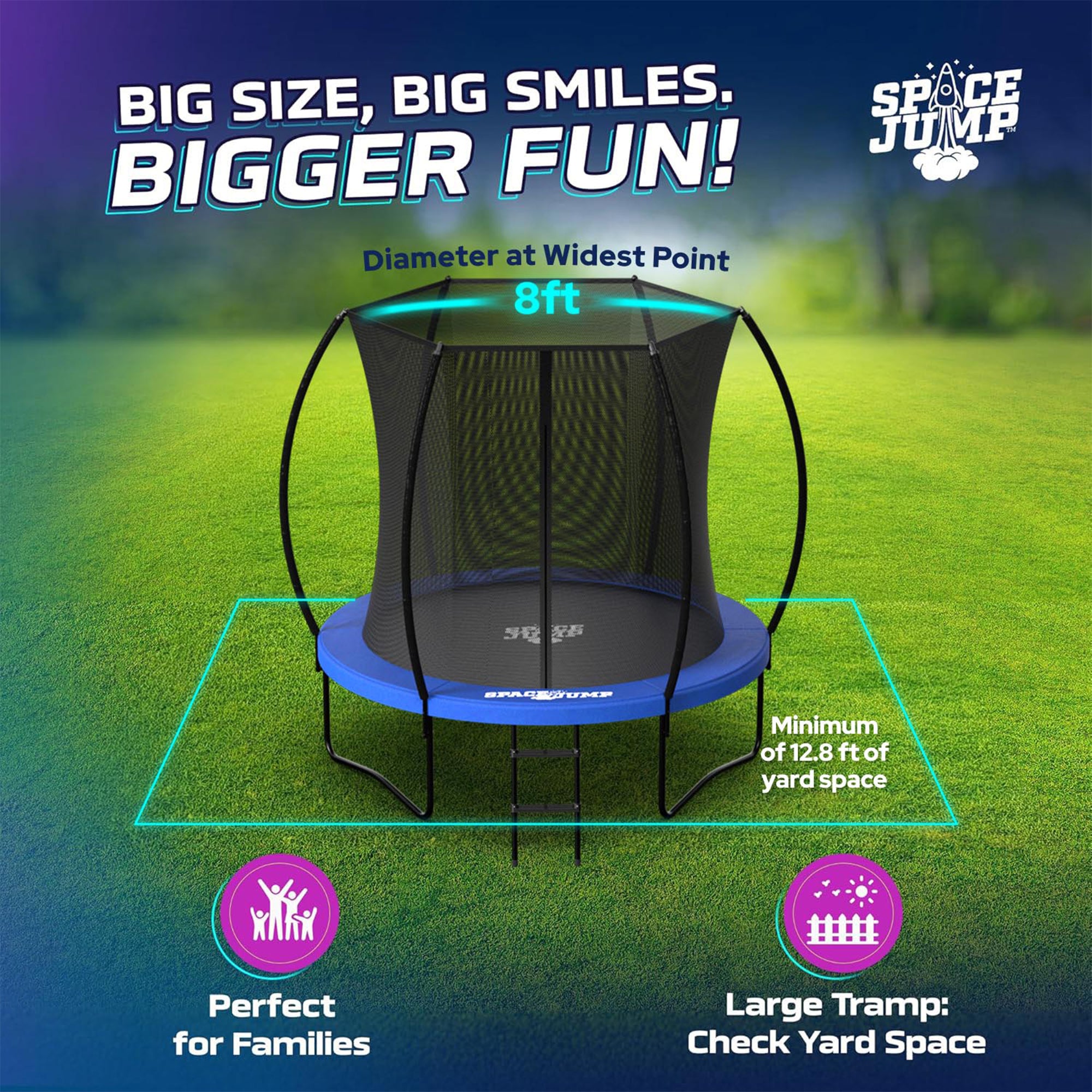 SpaceJump Nova 8 Ft Trampoline, Outdoor Bounce Pad with Safety Net, Blue/Black