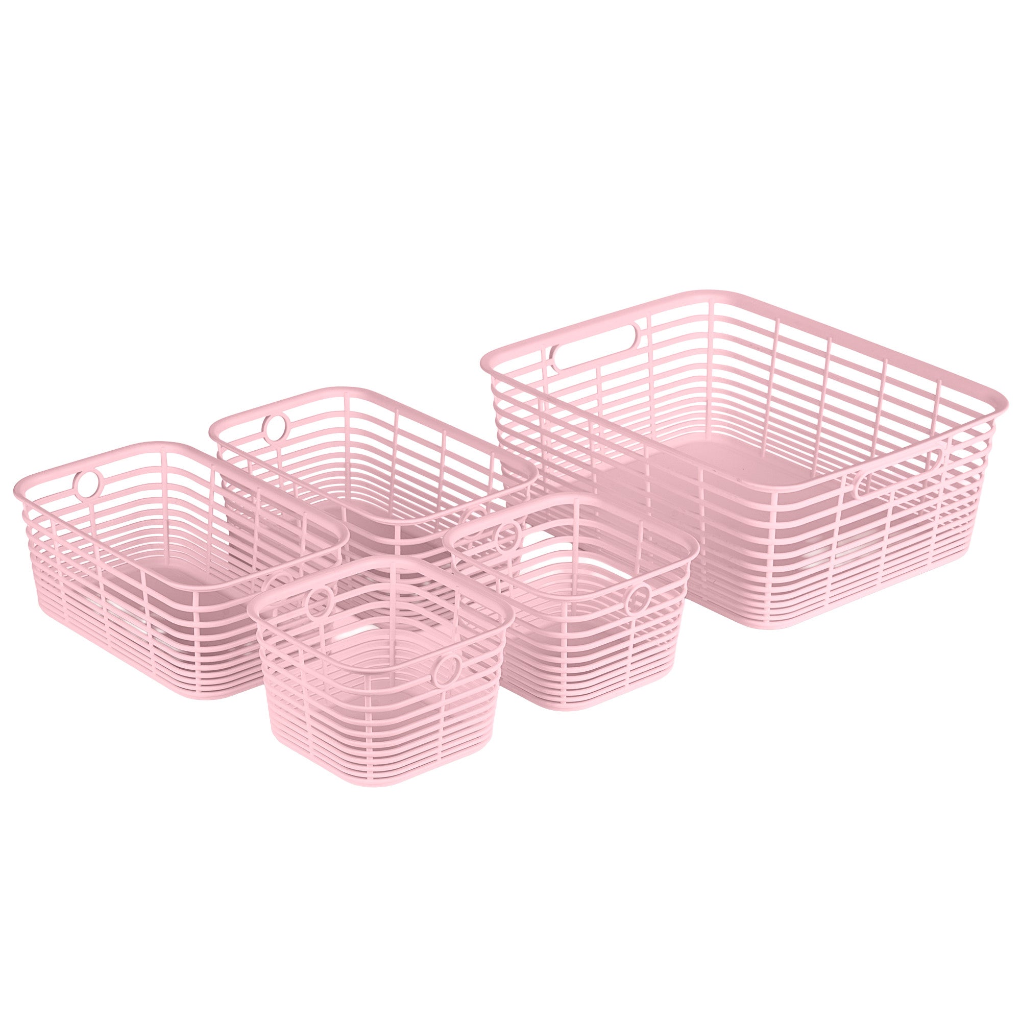 Curver 5 Pack Various Size Aria Plastic Organization and Storage Baskets, Pink