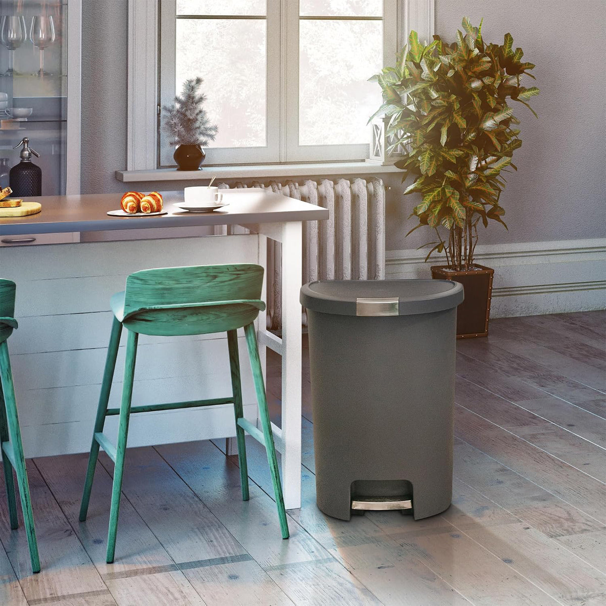Curver Infinity 13 Gal Plastic Kitchen Trash Can with Foot Pedal and Locking Lid