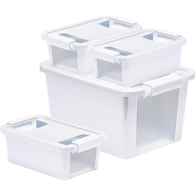 Curver VersaBox Storage Box with Latching Lid, Stackable, Small, White, Set of 4