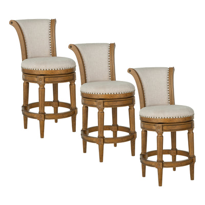 ROME + OAK Runyan 26" Swivel Counter Stool, Weathered Oak, Sand Fabric, Set of 3