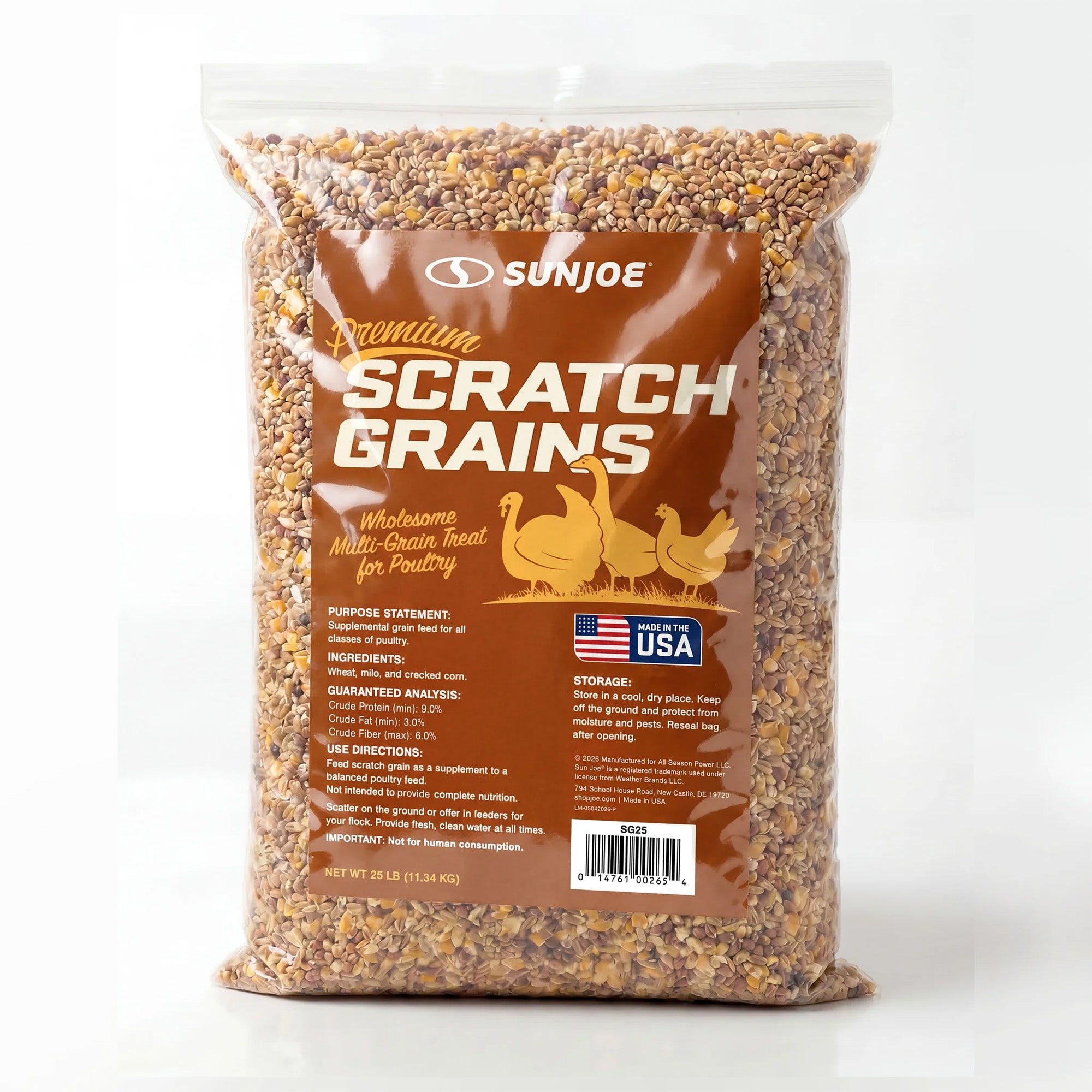 Sun Joe Premium Poultry Scratch Grain, Chicken Feed and Treats, 25 lb Bag