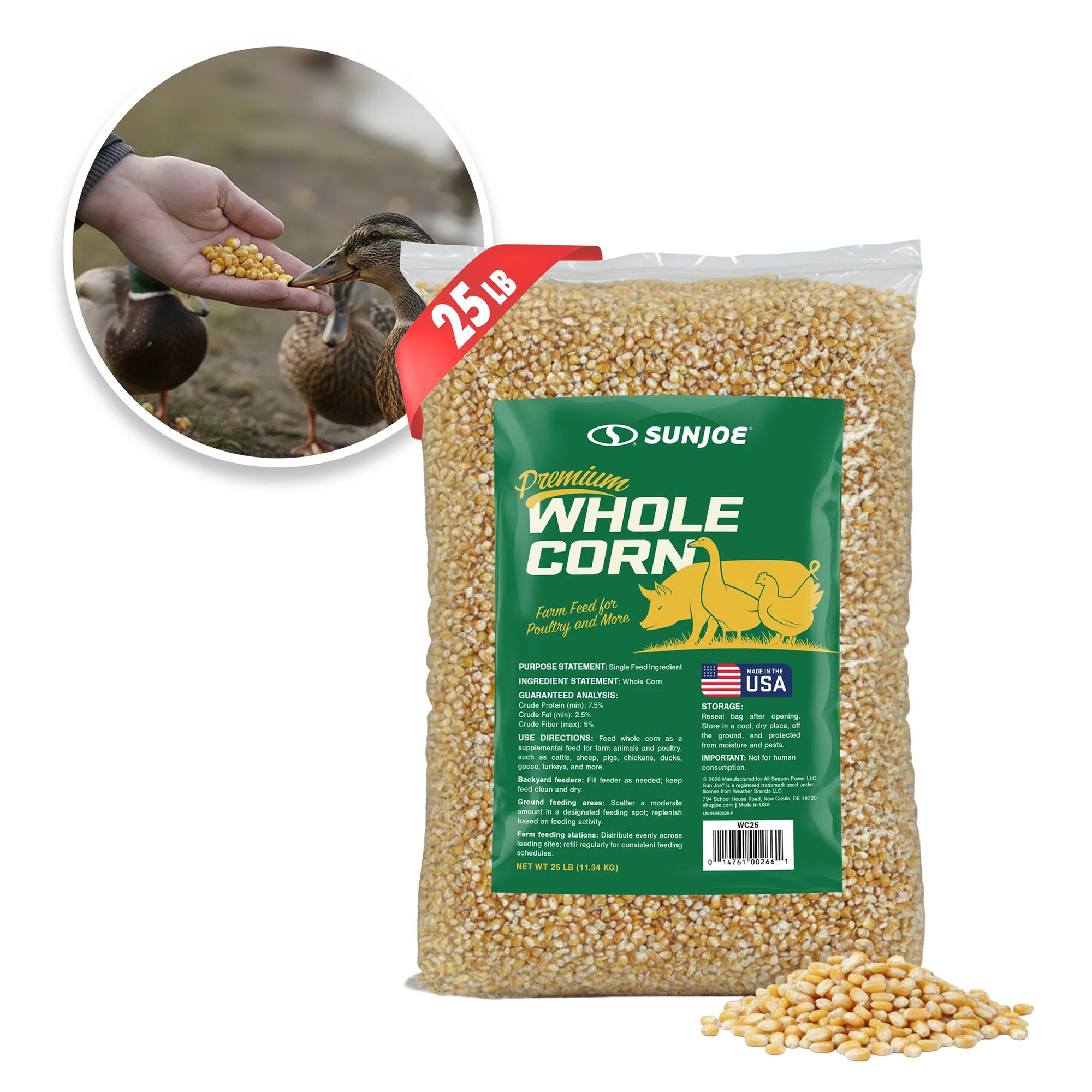 Sun Joe Premium Whole Corn All Season Feed for Wildlife and Poultry, 25 Lb, WC25