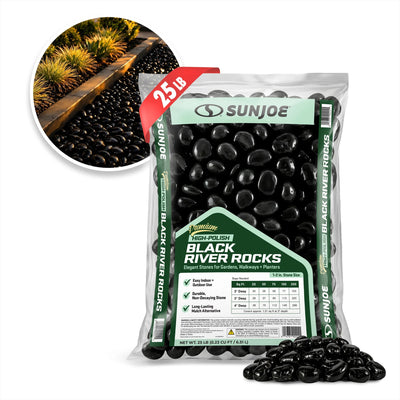 Sun Joe High-Polish Black Decorative River Rocks for Gardens & Decor, 25 lb Bag