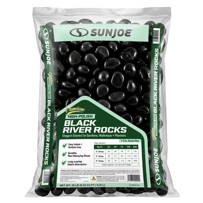 Sun Joe High-Polish Black Decorative River Rocks for Gardens & Decor, 25 lb Bag