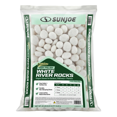 Sun Joe High-Polish White Decorative River Rocks for Gardens & Decor, 25 lb Bag