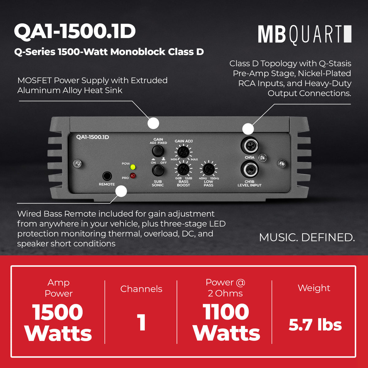 MB Quart Q Series 1500W Monoblock Subwoofer Class D Amplifier with Bass Remote