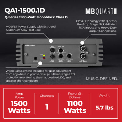 MB Quart Q Series 1500W Monoblock Subwoofer Class D Amplifier with Bass Remote