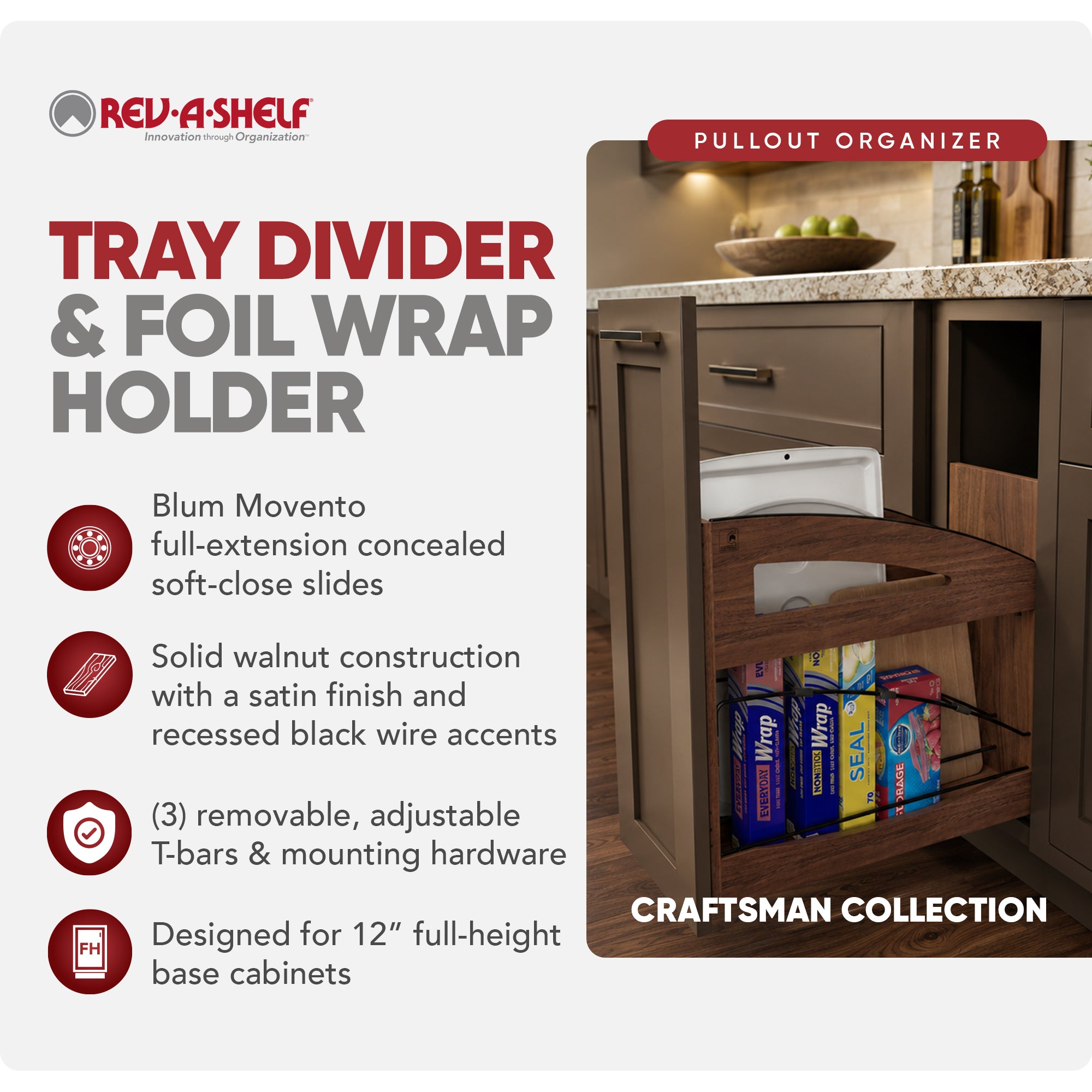 Rev-A-Shelf Pullout Tray Divider with Soft-Close for 12” Base Cabinets - VMInnovations