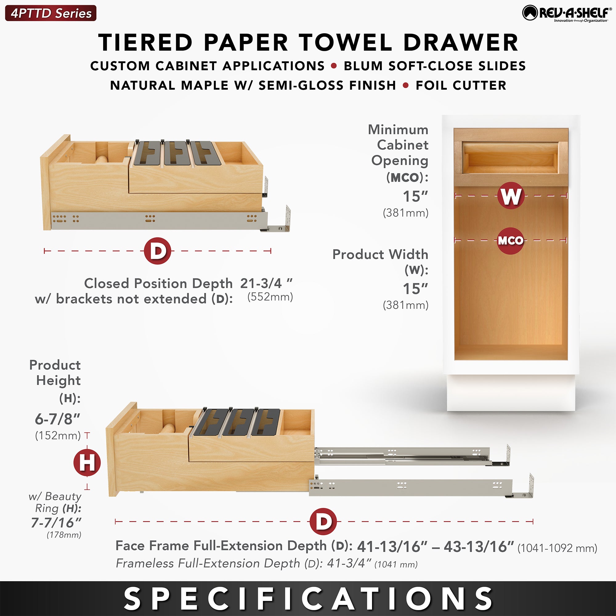 Rev-A-Shelf Kitchen Paper Towel Holder with Soft-Close for 18” Base Cabinets
