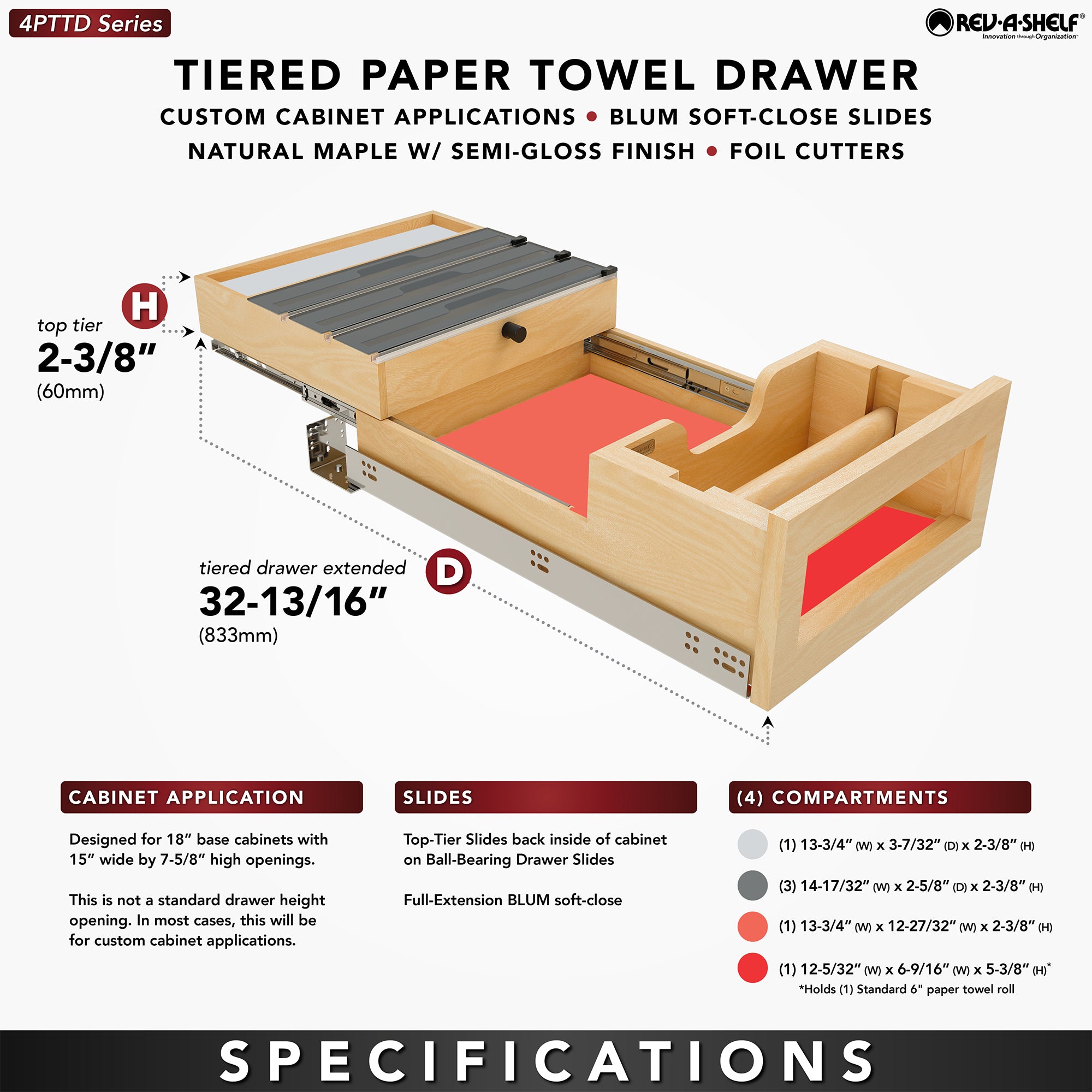 Rev-A-Shelf Kitchen Paper Towel Holder with Soft-Close for 18” Base Cabinets