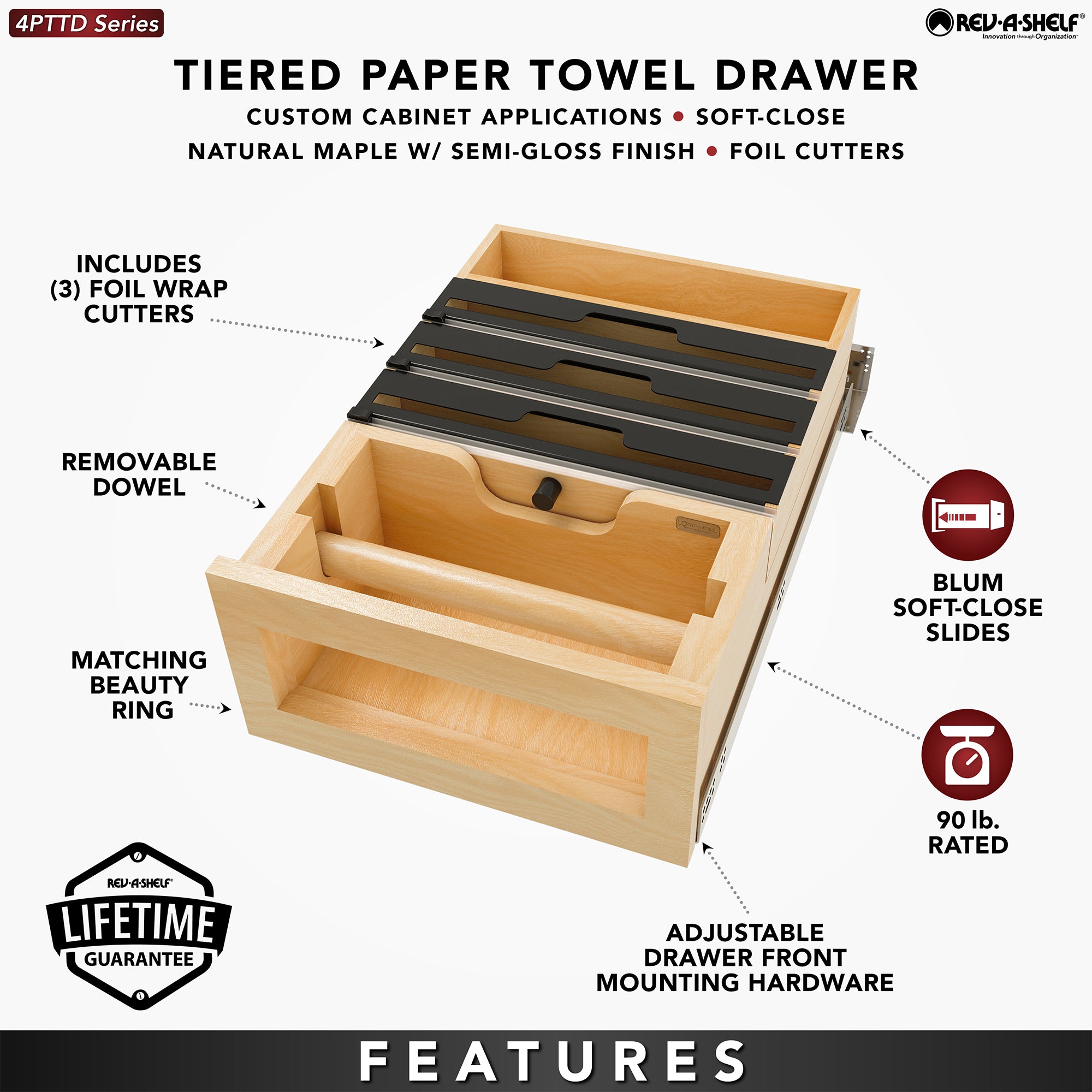 Rev-A-Shelf Kitchen Paper Towel Holder with Soft-Close for 18” Base Cabinets