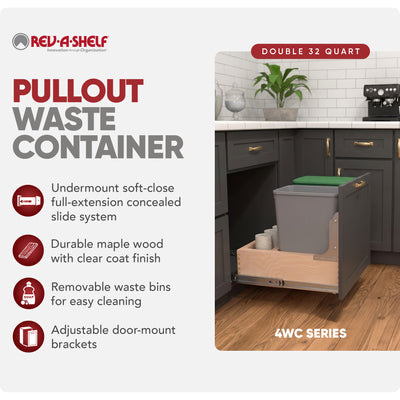 Rev-A-Shelf Wood Double Pullout Waste Container, Soft-Close, 32 qt, Silver - VMInnovations