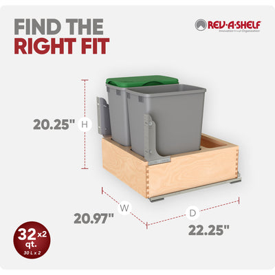 Rev-A-Shelf Wood Double Pullout Waste Container, Soft-Close, 32 qt, Silver - VMInnovations