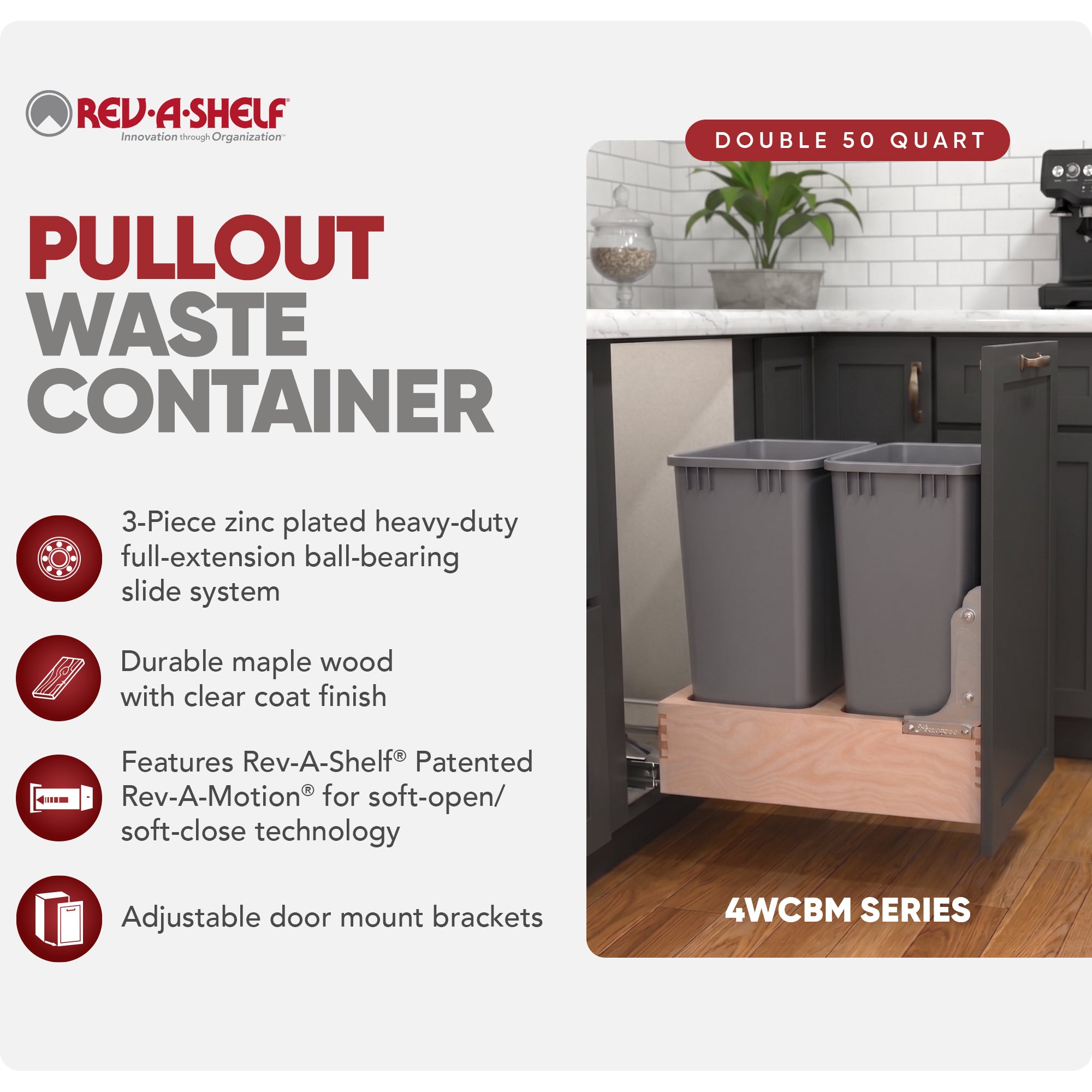 Rev-A-Shelf Wood Double Pullout Waste Container, Soft-Close, 50 qt, Silver - VMInnovations