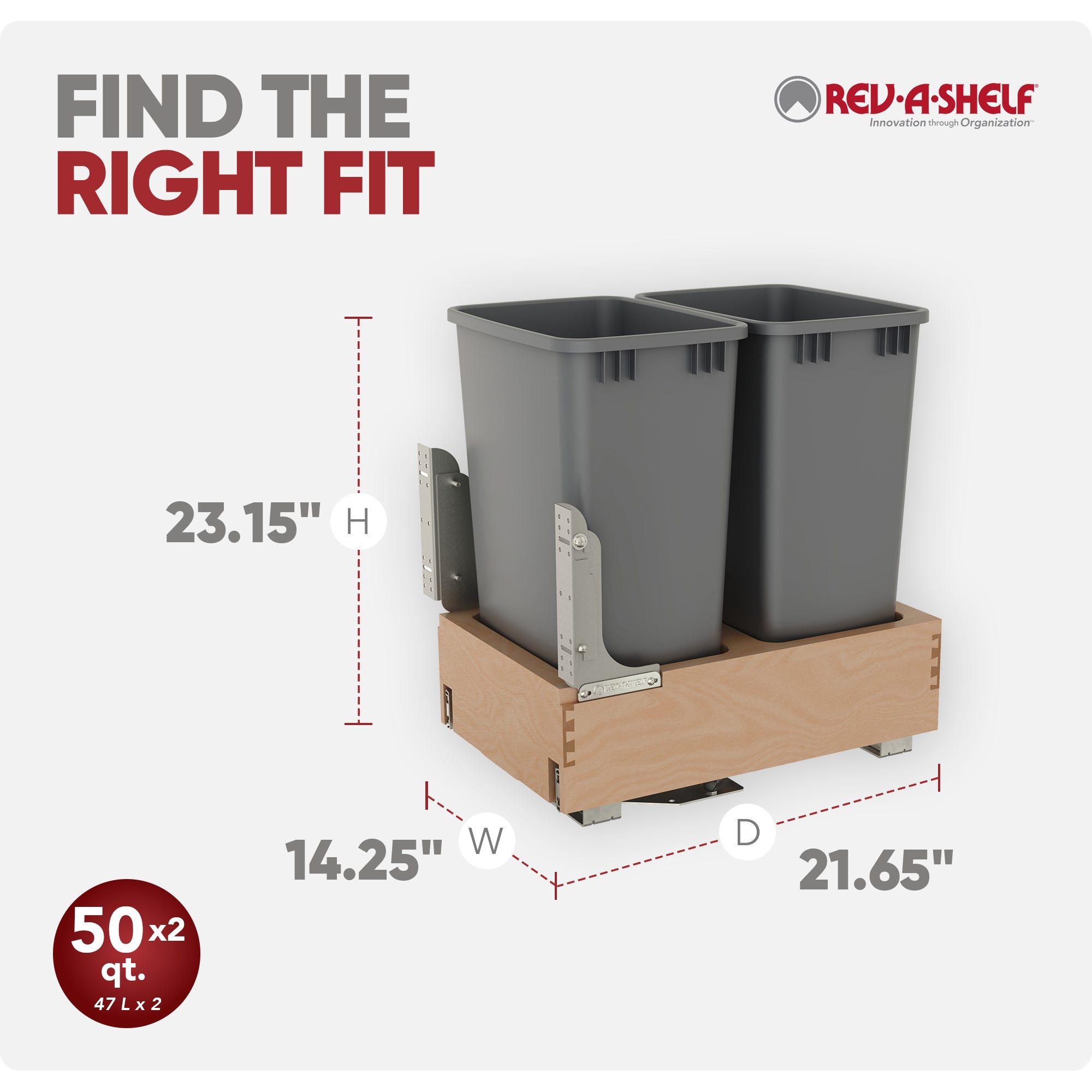 Rev-A-Shelf Wood Double Pullout Waste Container, Soft-Close, 50 qt, Silver - VMInnovations