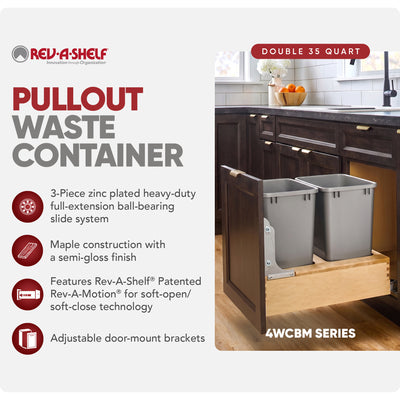 Rev-A-Shelf Wood Double Pullout Waste Container, Soft-Close, 35 qt, Silver - VMInnovations