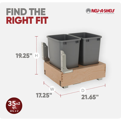 Rev-A-Shelf Wood Double Pullout Waste Container, Soft-Close, 35 qt, Silver - VMInnovations