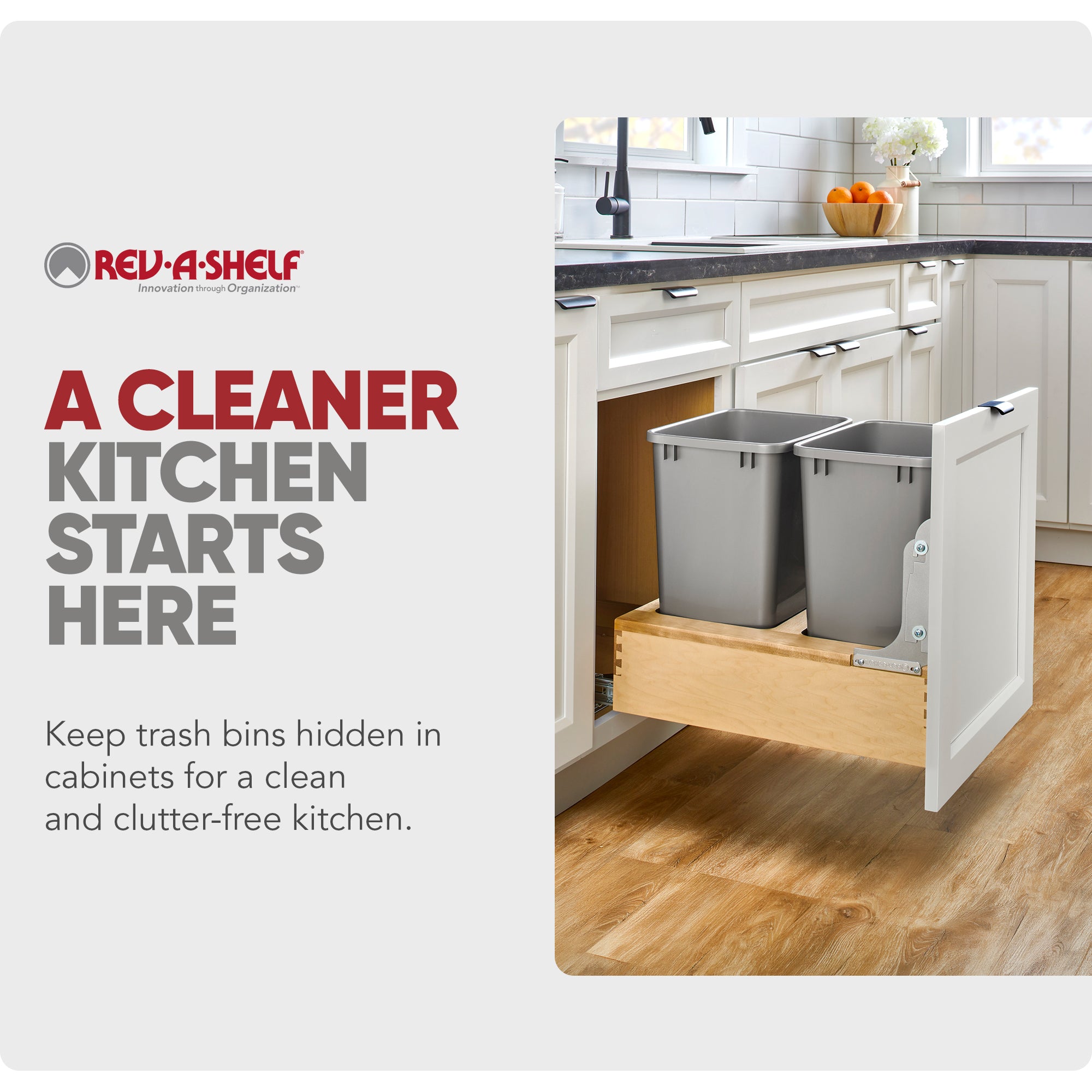 Rev-A-Shelf Wood Double Pullout Waste Container, Soft-Close, 35 qt, Silver - VMInnovations