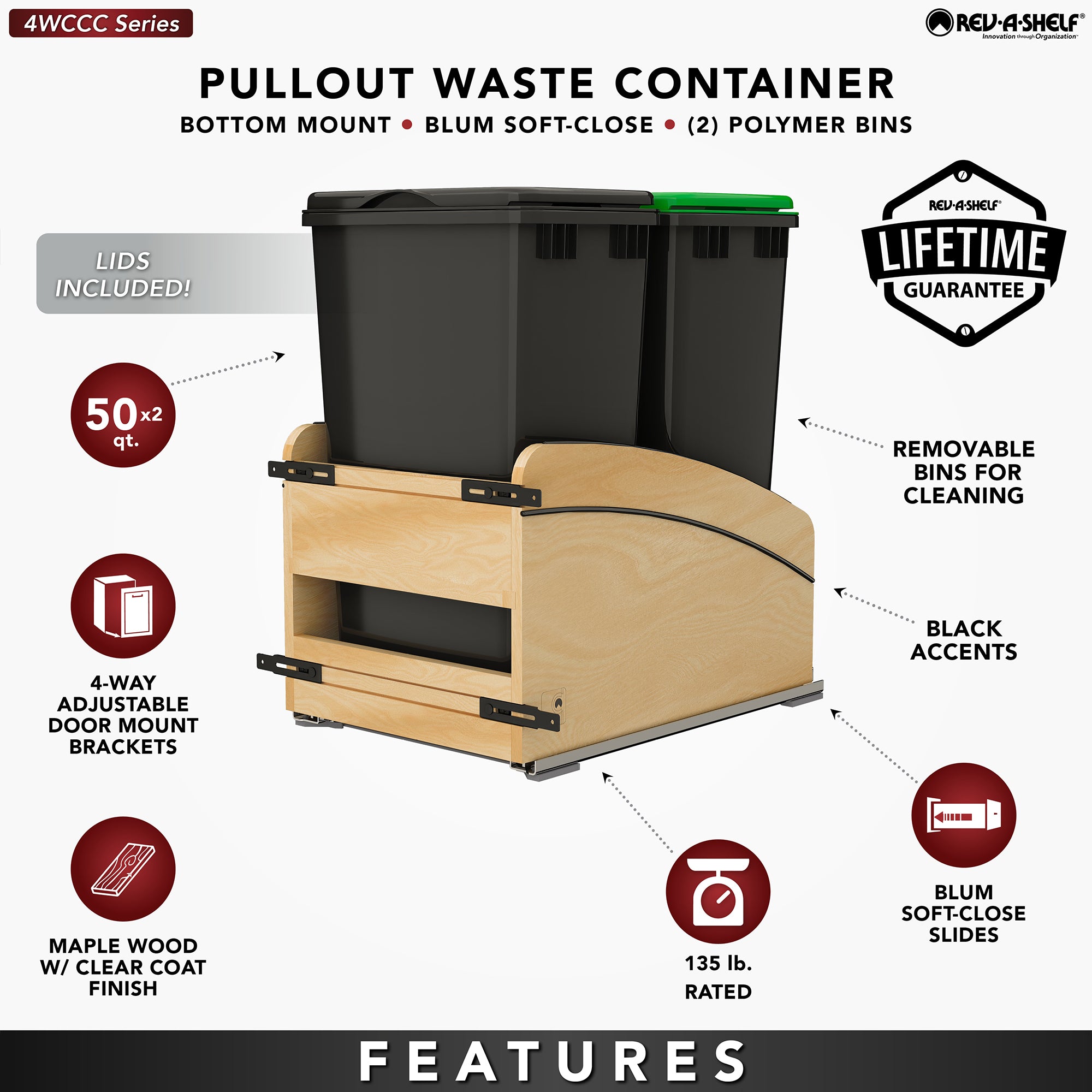 Rev-A-Shelf Maple Double Pullout Waste Container, Soft-Close, 50 qt, Black