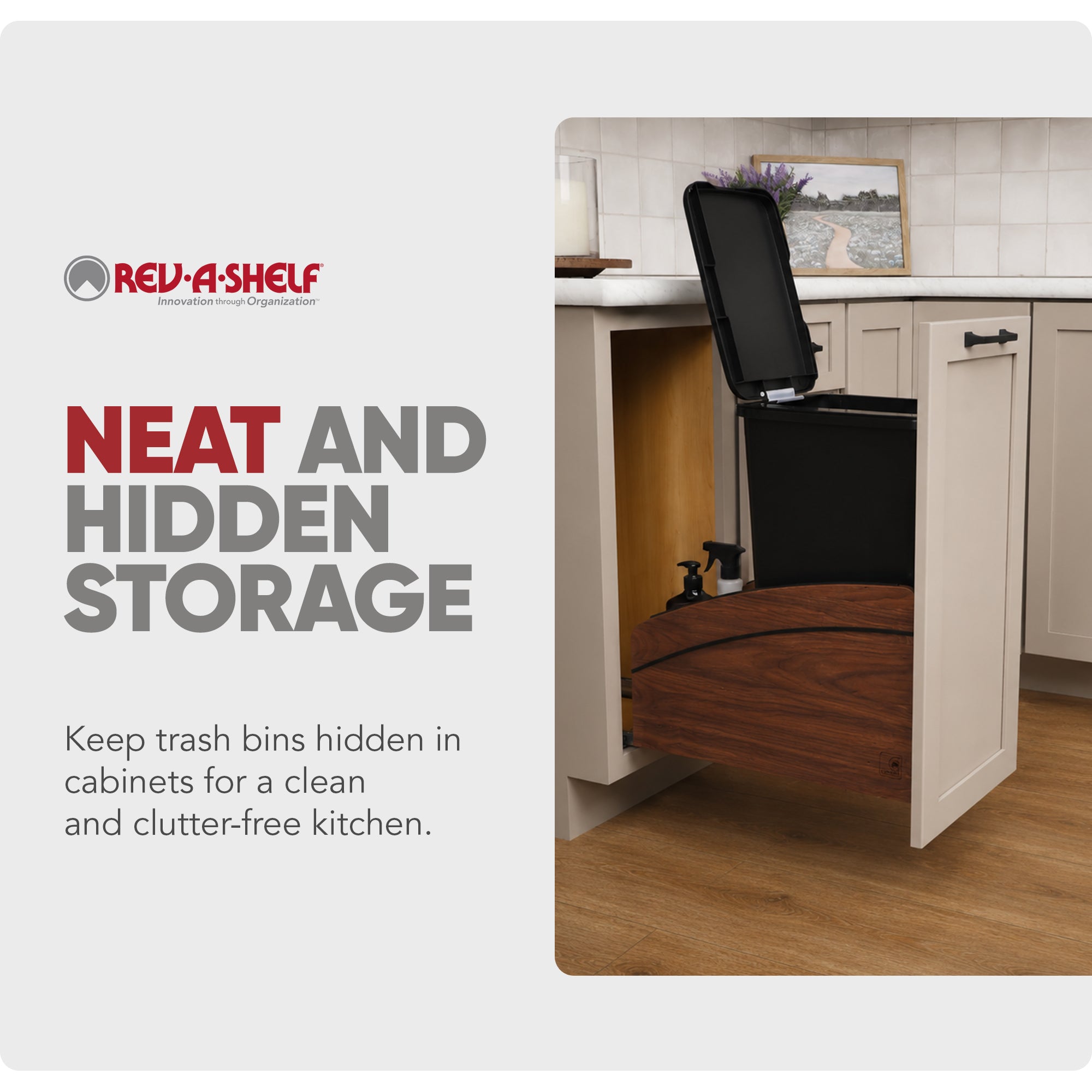 Rev-A-Shelf Walnut Wood Pullout Waste Container, Soft-Close, 50 qt, Black