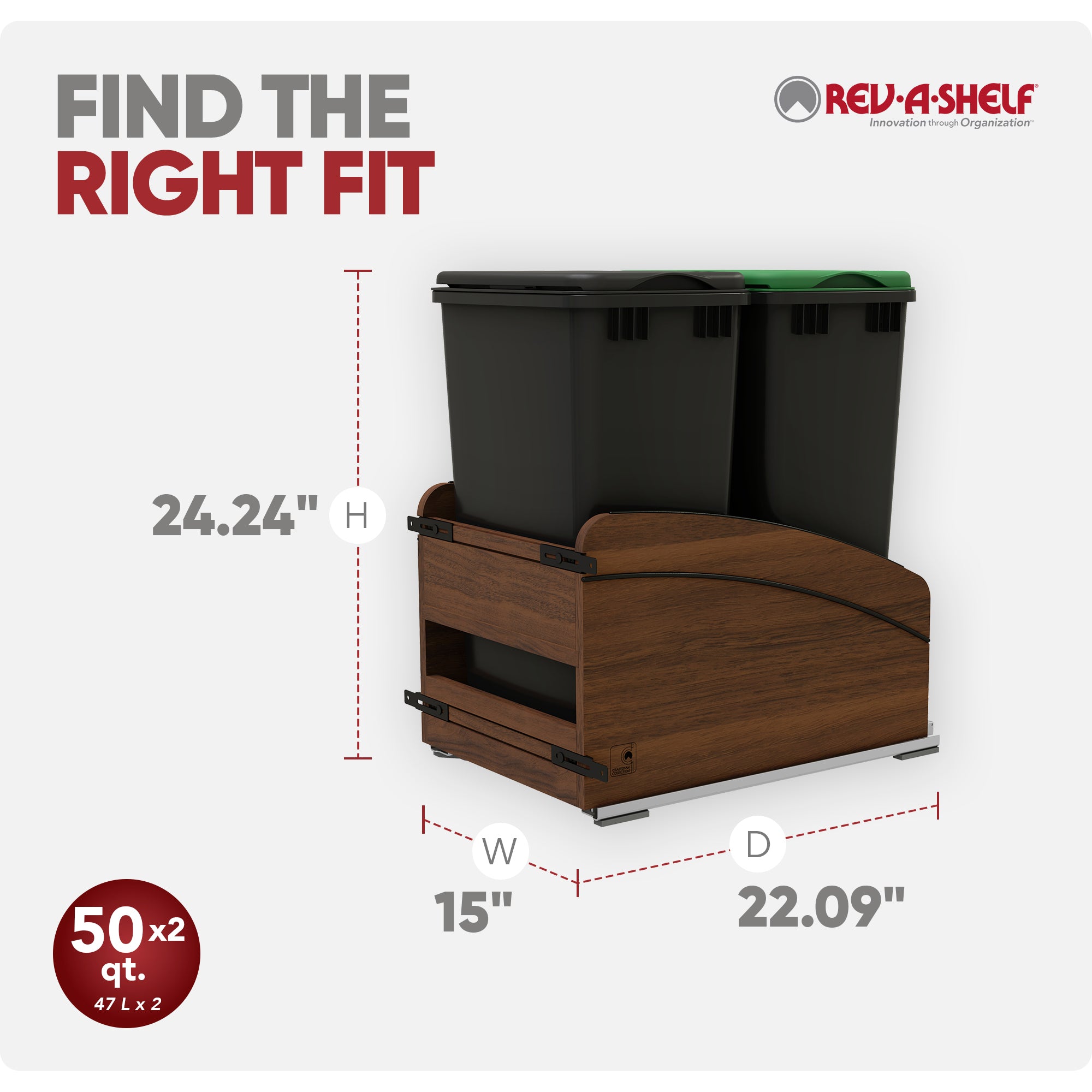 Rev-A-Shelf Walnut Double Pullout Waste Container, Soft-Close, 50 qt, Black - VMInnovations