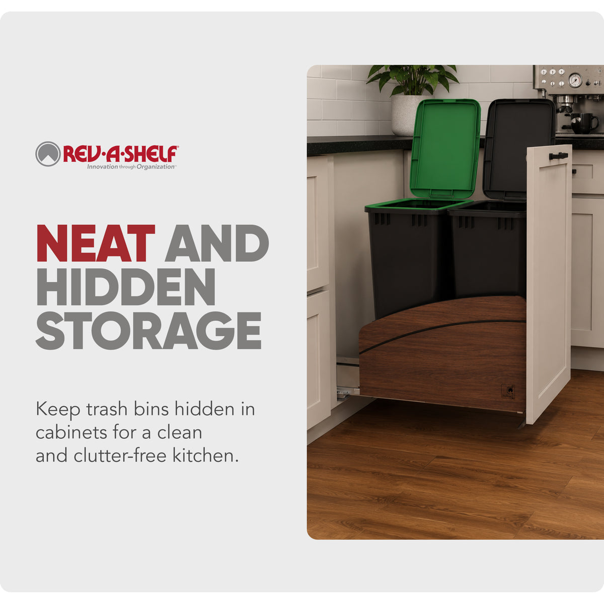 Rev-A-Shelf Walnut Double Pullout Waste Container, Soft-Close, 50 qt, Black - VMInnovations