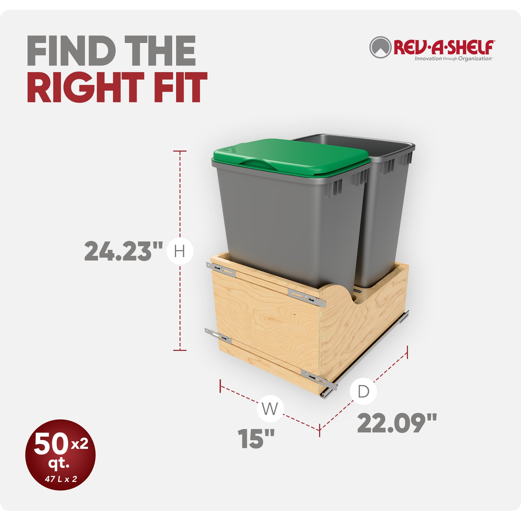 Rev-A-Shelf Wood Double Pullout Waste Container, Soft-Close, 50 qt, Silver - VMInnovations