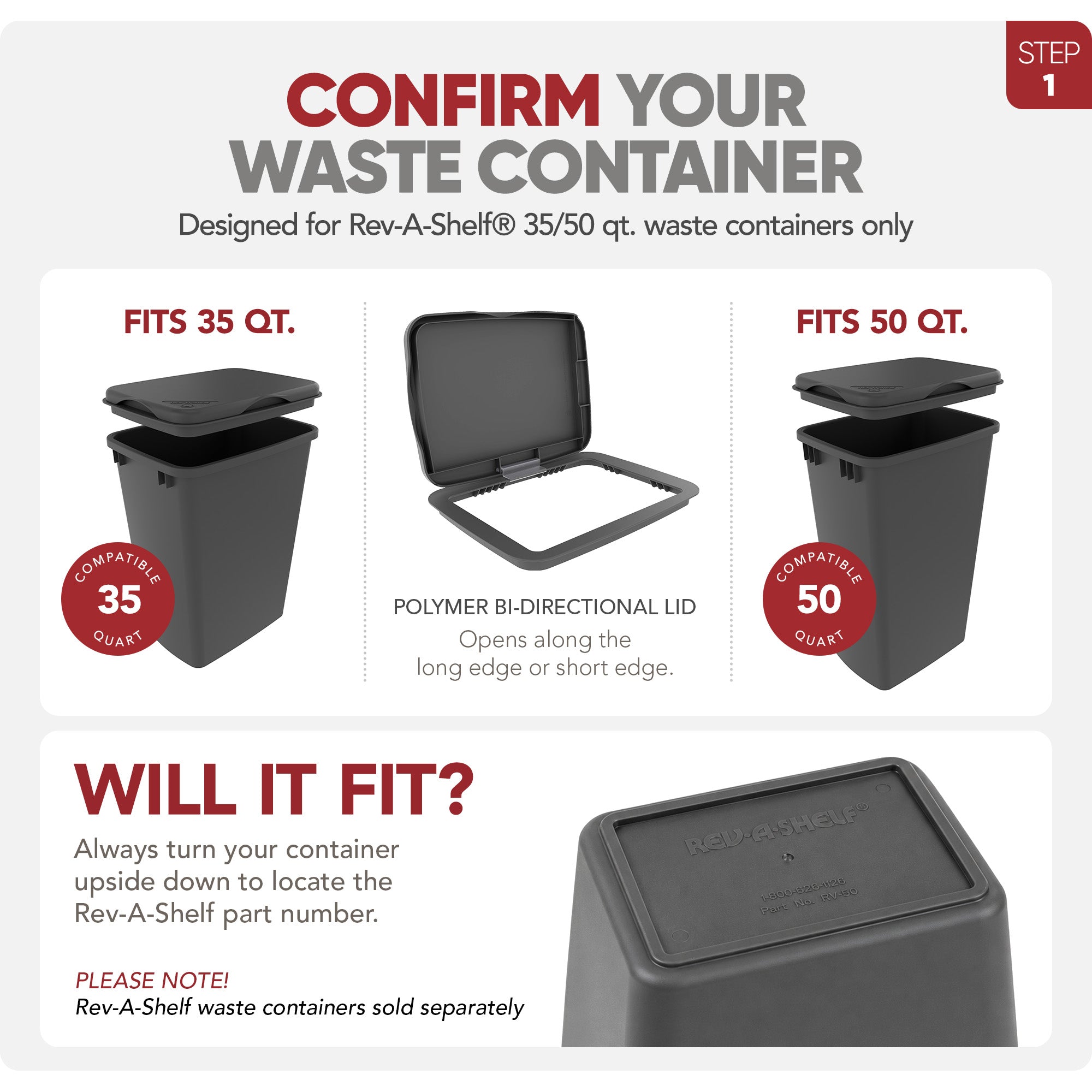 Rev-A-Shelf Kitchen Waste Container & Trash Can Lid, Fits 35 & 50 Qt, Red