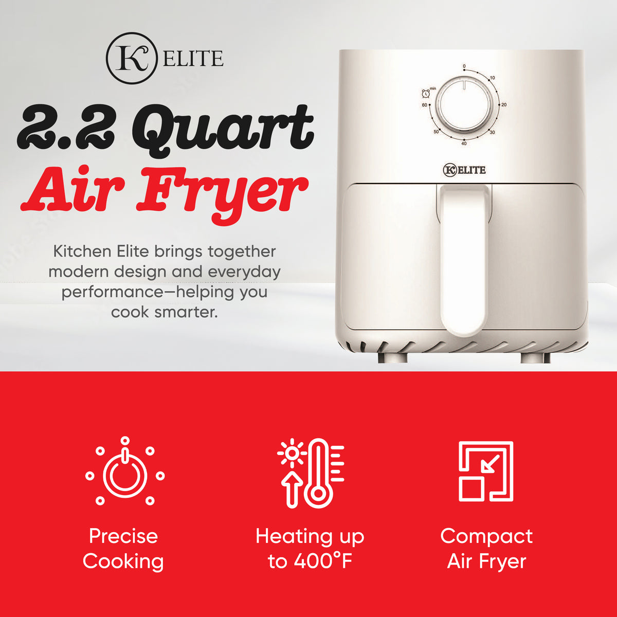 Kitchen Elite 2.2 Qt Compact Mechanical Air Fryer, Manual Knob Control, White (Open Box)