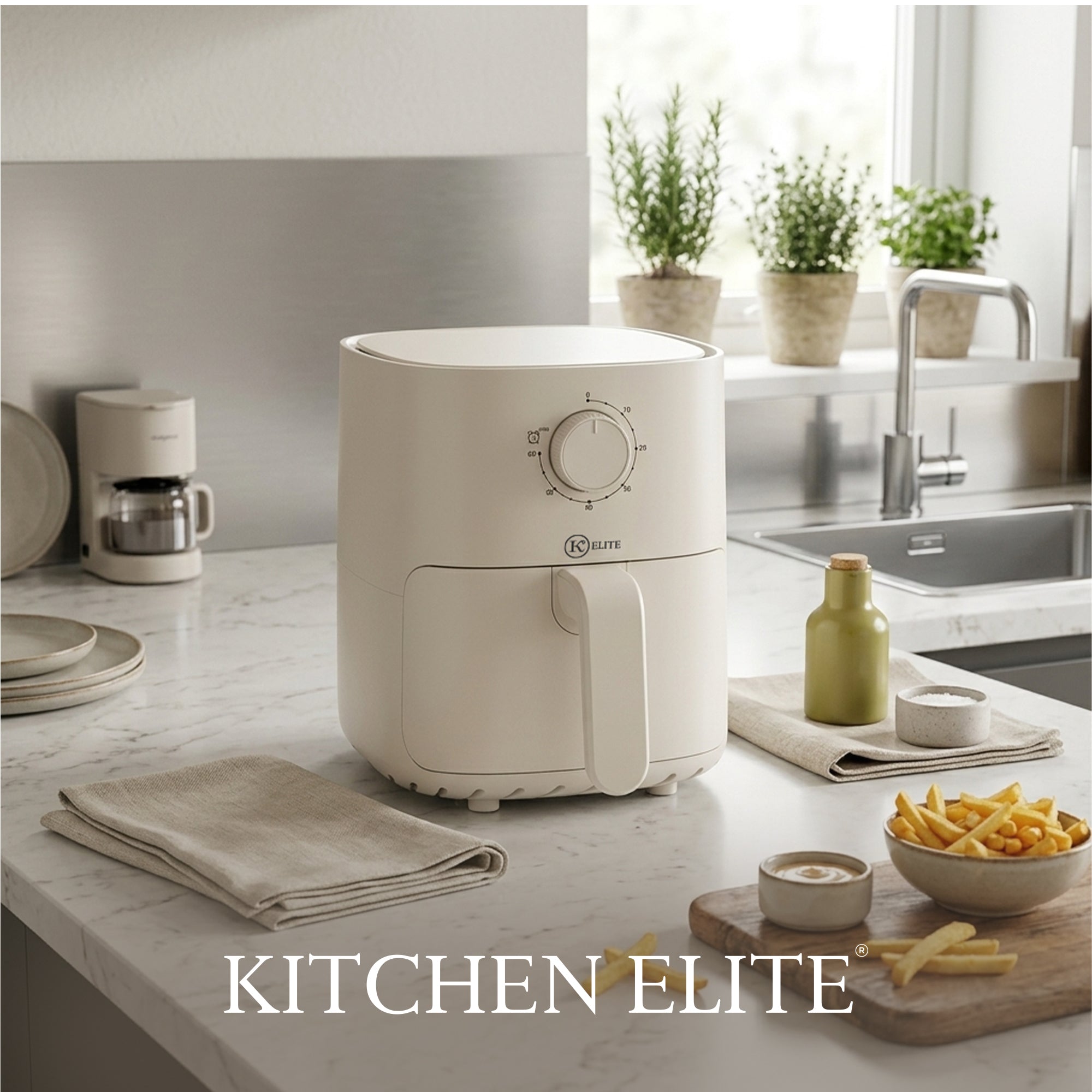 Kitchen Elite 2.2 Qt Compact Mechanical Air Fryer, Manual Knob Control, White (Open Box)