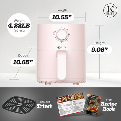Kitchen Elite 2.2 Qt Compact Mechanical Air Fryer, Manual Knob Control, Pink (Used)