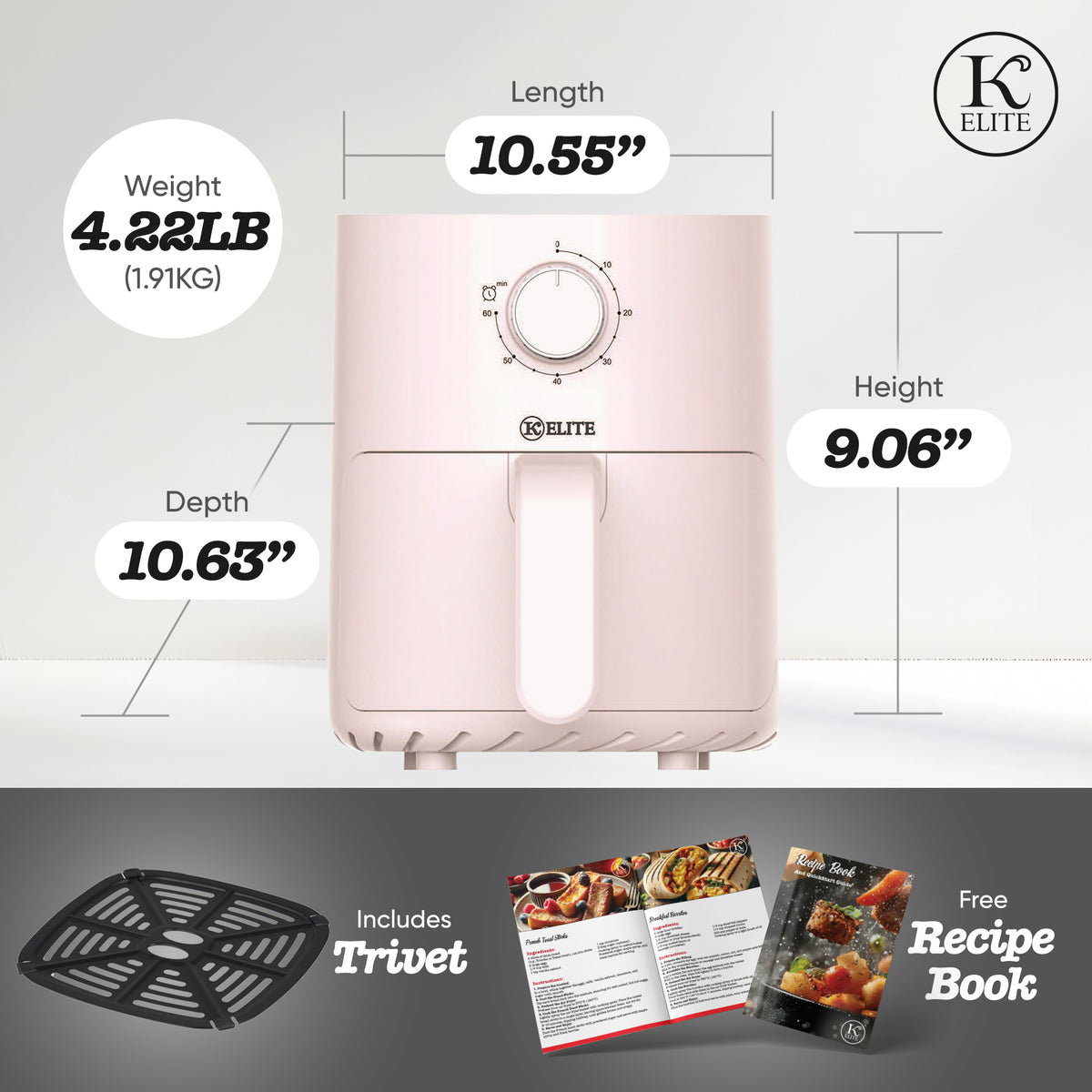 Kitchen Elite Compact Mechanical Air Fryer, Manual Knob Control, Pink (Open Box)