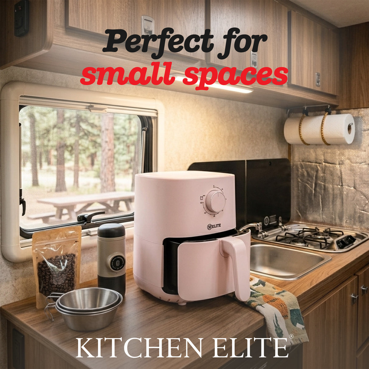 Kitchen Elite Compact Mechanical Air Fryer, Manual Knob Control, Pink (Open Box)