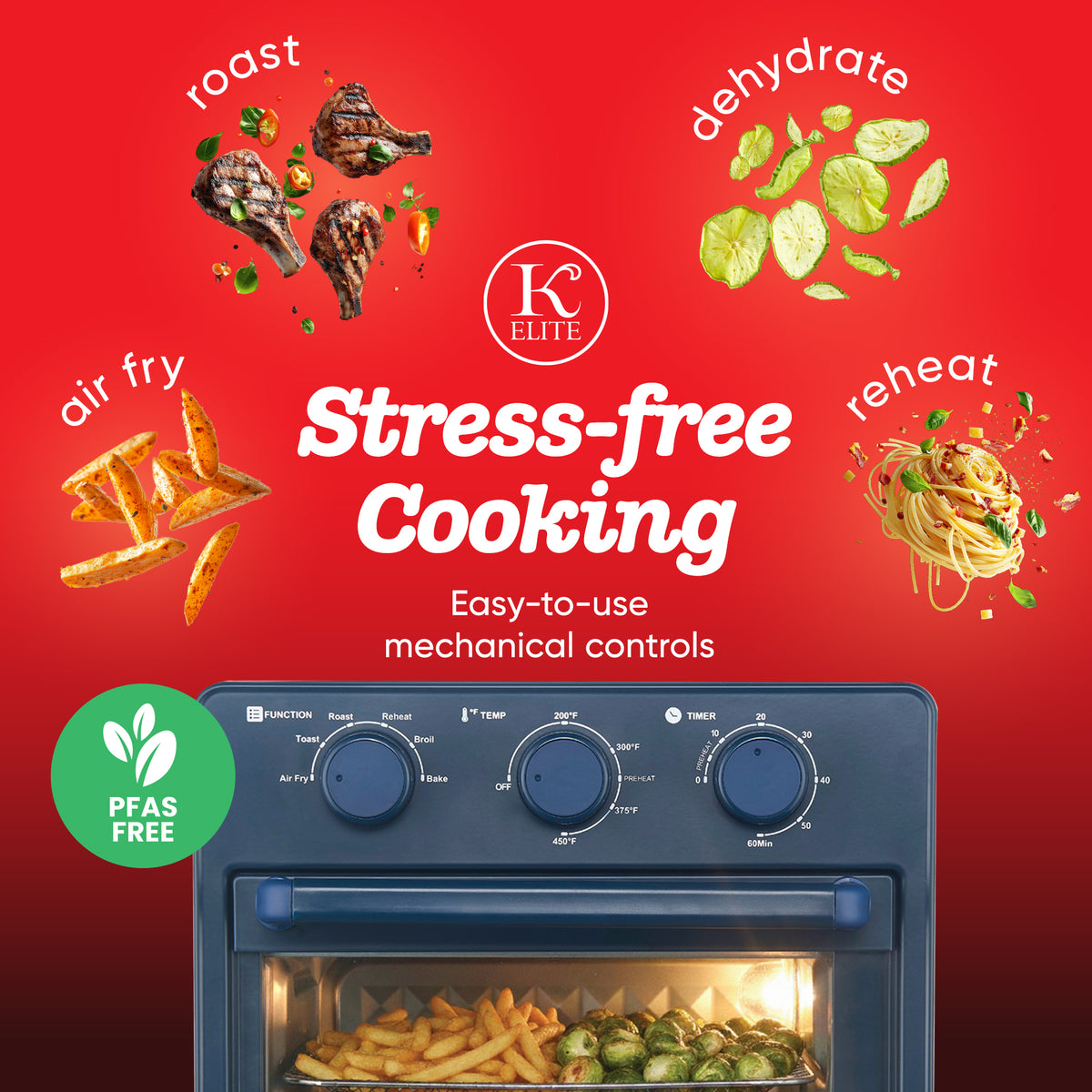 Kitchen Elite 16 Quart Mechanical Air Fryer Oven with Viewing Window, Blue (Open Box)