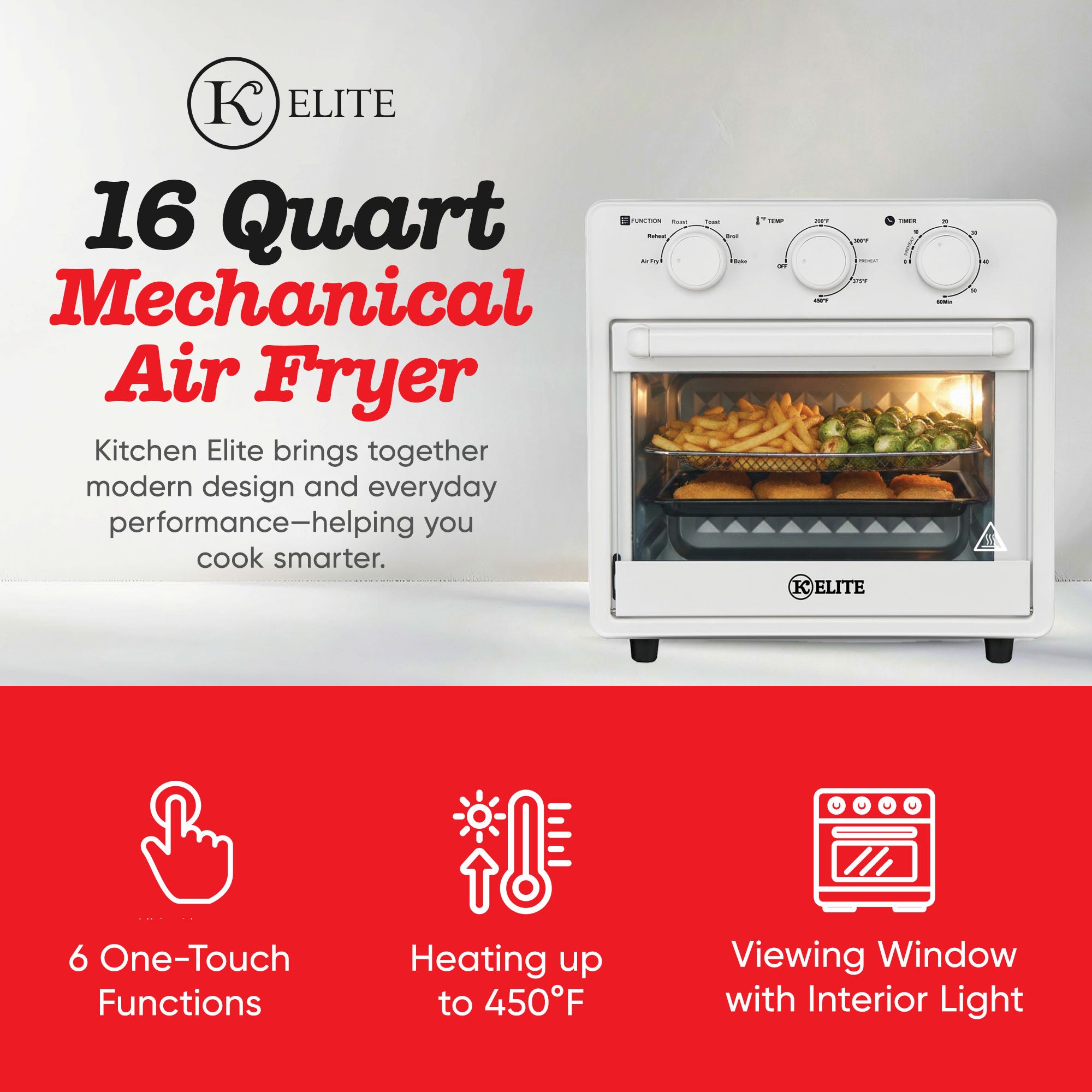Kitchen Elite 16 Quart Mechanical Air Fryer Oven with Viewing Window, White (Used)