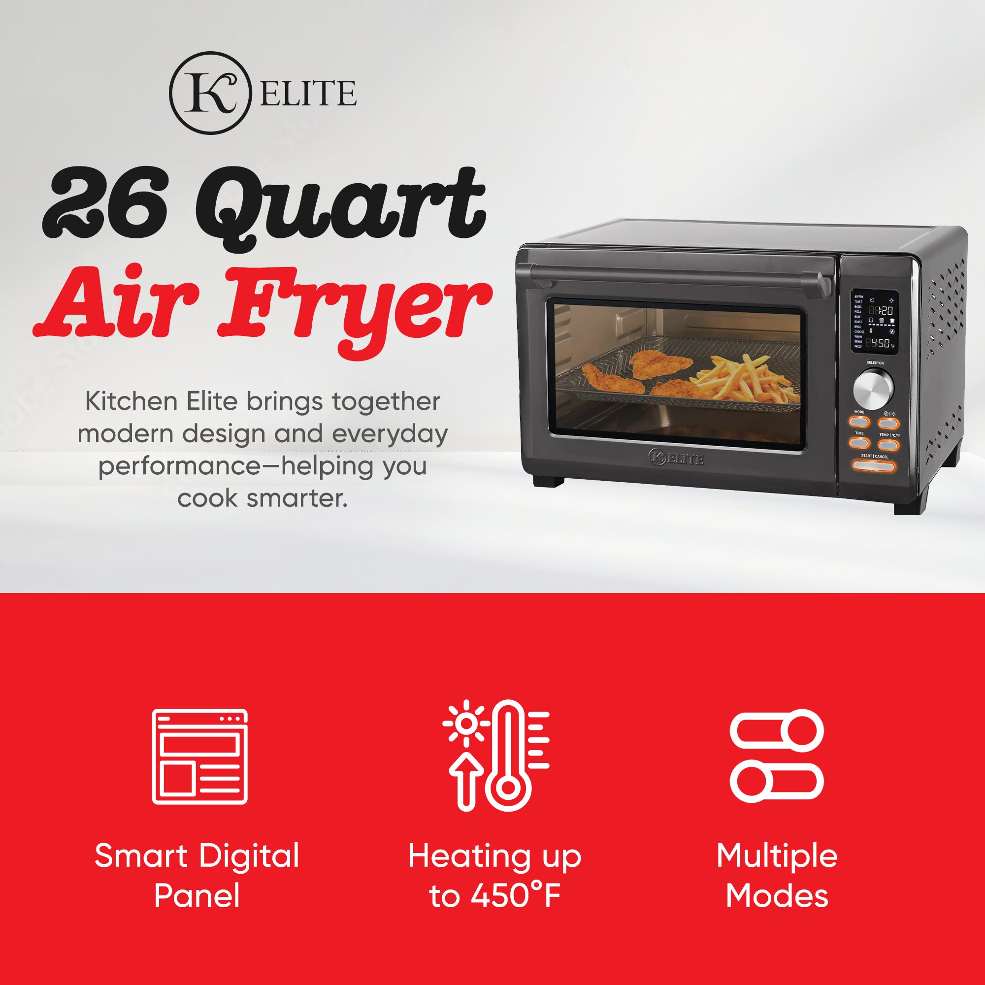 Kitchen Elite 26 Qt Stainless Digital Air Fryer Oven, 10 Smart Programs, Gray - VMInnovations
