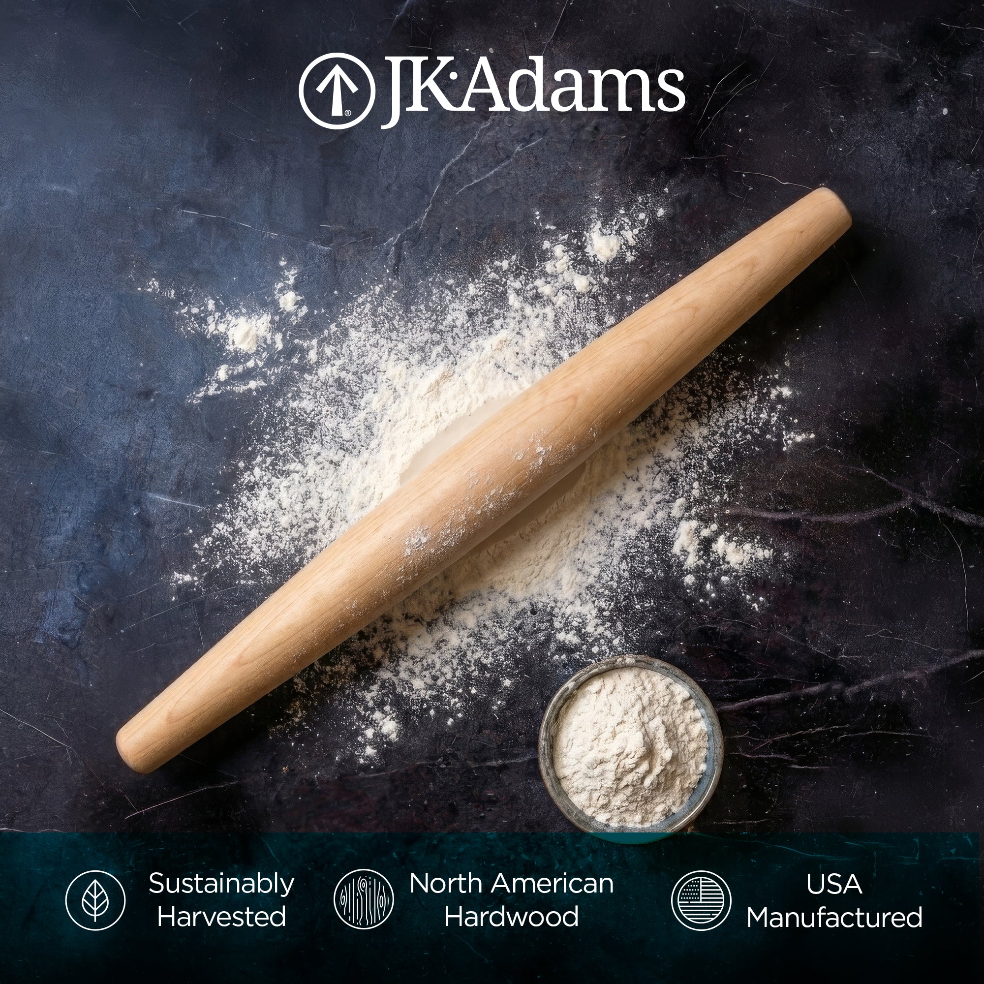 J.K. Adams French Tapered Rolling Pin, Lightweight Baking Dowel, 20.5" x 1.75" - VMInnovations