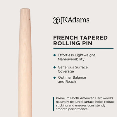 J.K. Adams French Tapered Rolling Pin, Lightweight Baking Dowel, 20.5" x 1.75" - VMInnovations