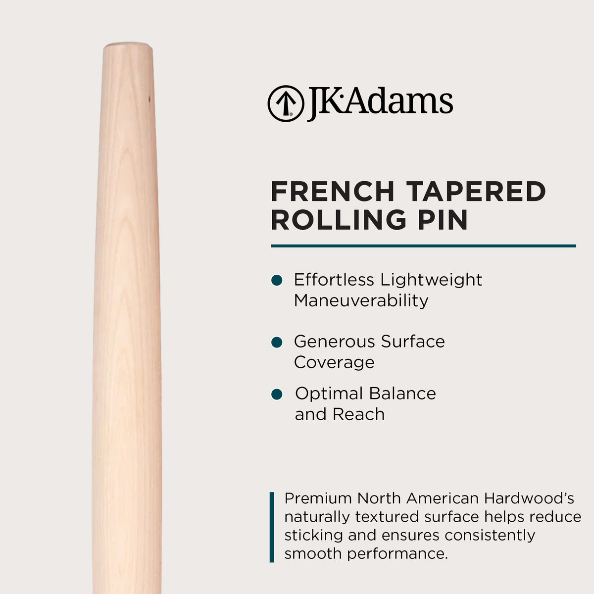 J.K. Adams French Tapered Rolling Pin, Lightweight Baking Dowel, (Open Box)