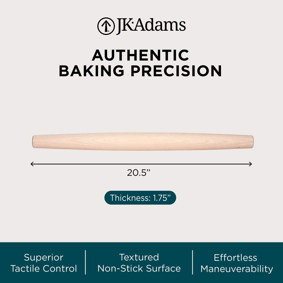 J.K. Adams French Tapered Rolling Pin, Lightweight Baking Dowel, (Open Box)