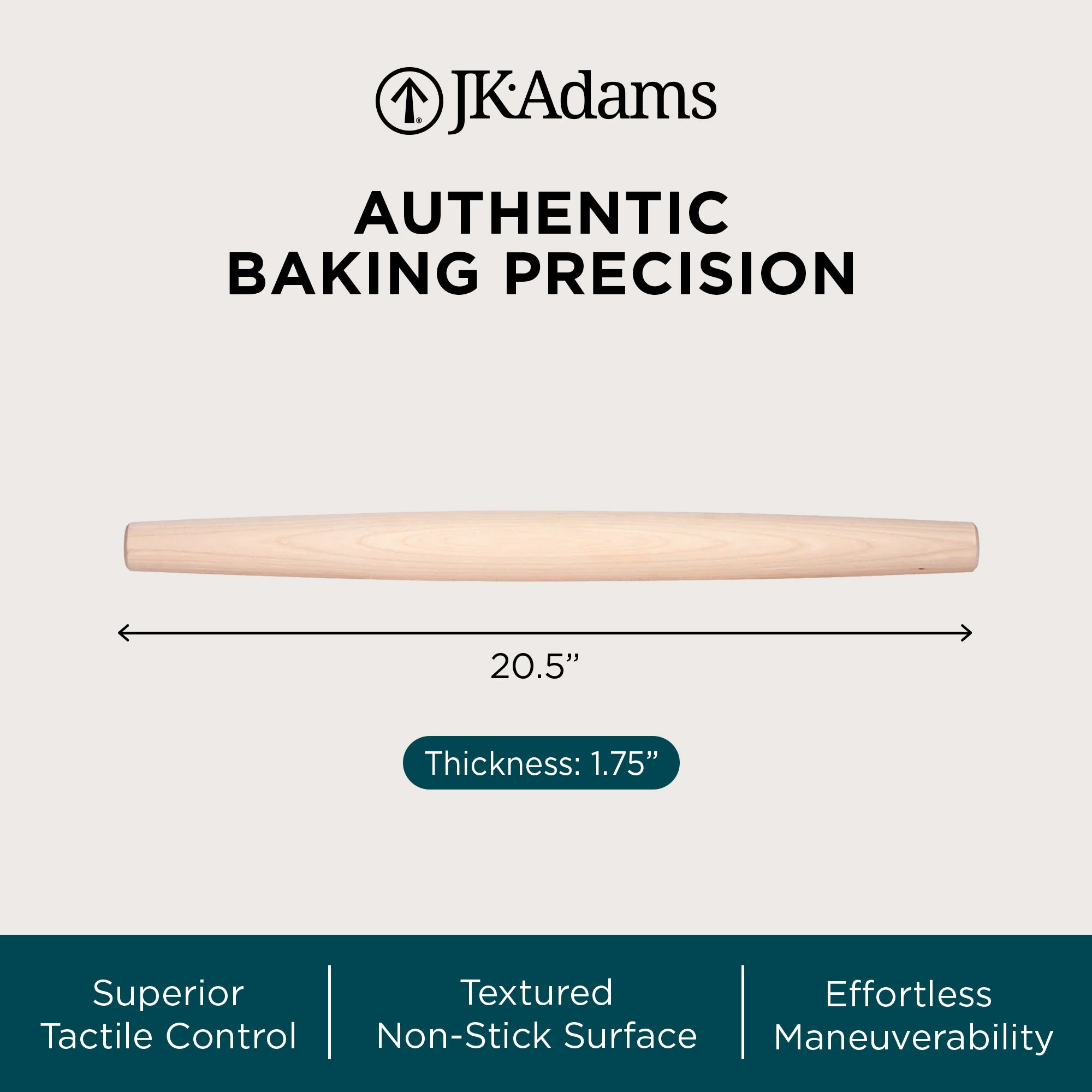 J.K. Adams French Tapered Rolling Pin, Lightweight Baking Dowel, 20.5" x 1.75" (Open Box)