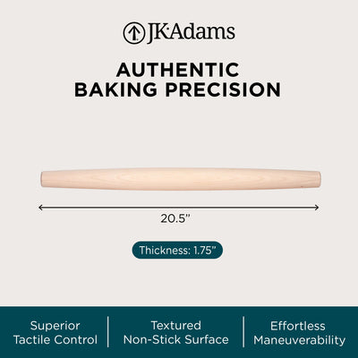 J.K. Adams French Tapered Rolling Pin, Lightweight Baking Dowel, 20.5" x 1.75" (Open Box)