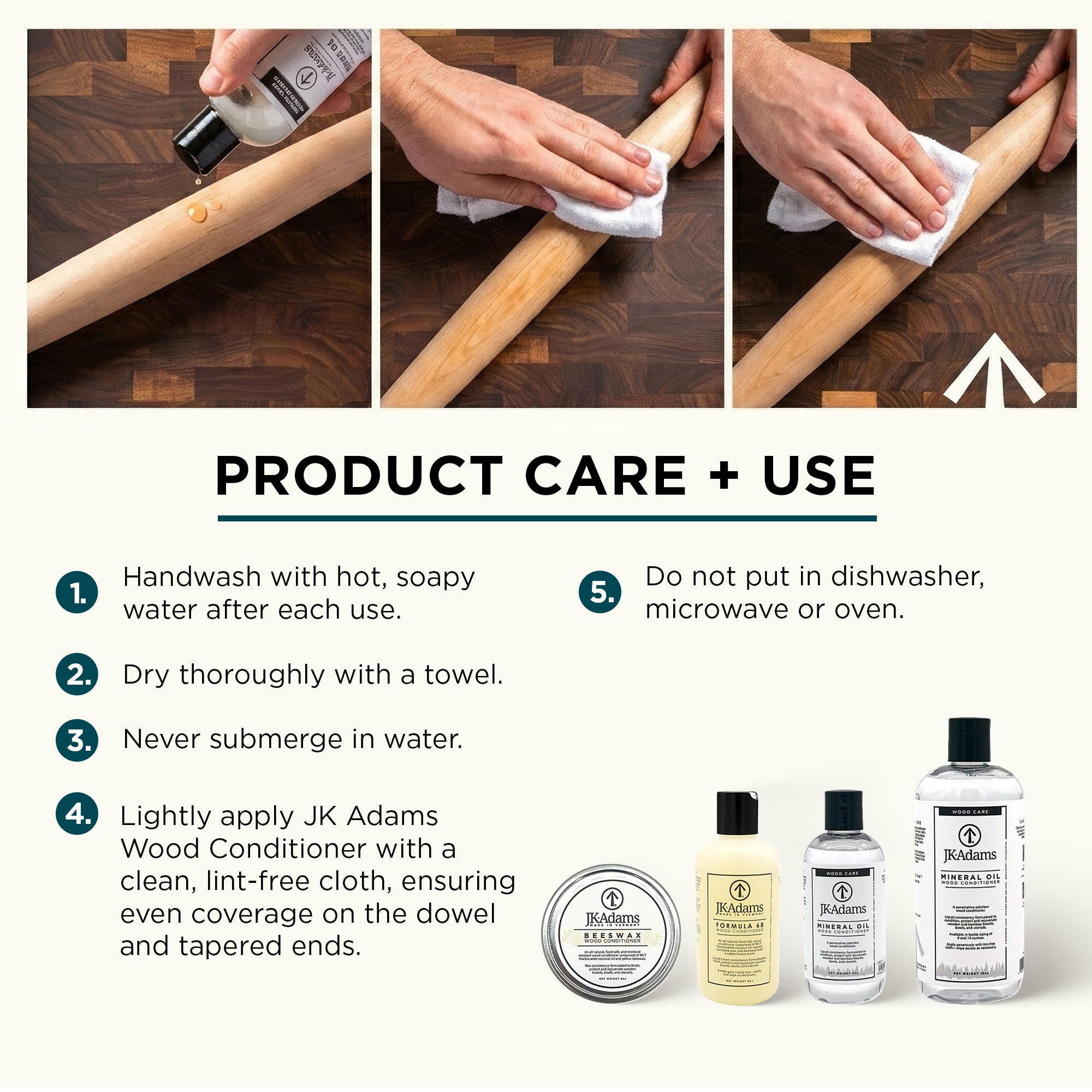 J.K. Adams French Tapered Rolling Pin, Lightweight Baking Dowel, 20.5" x 1.75" - VMInnovations